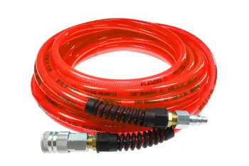 Flexeel Hose, 3/8" x 100', Strain Relief Fittings, 3/8" Industrial Coupler & Connector, Transparent Red